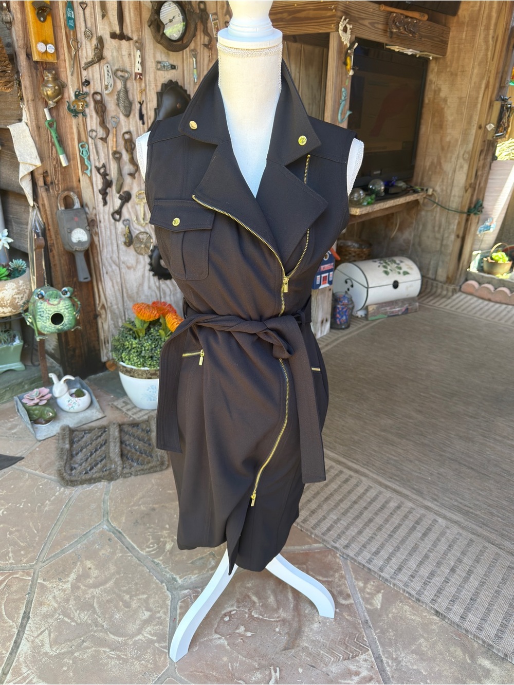 Calvin Klein Moto Wrap Dress Size 4 Black Gold Zip Sleeveless Belted Dress NWT